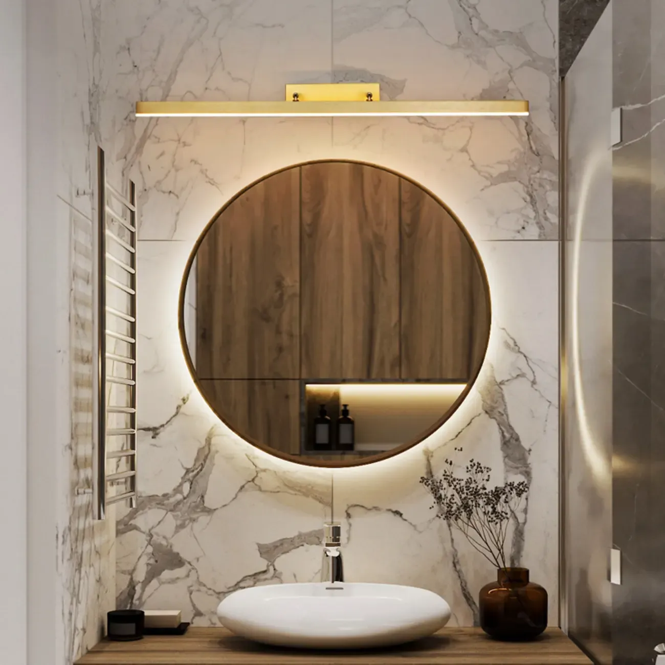 Gold LED Modern Mirror Front Wall Lamp with Integrated Dimmer Image - 1