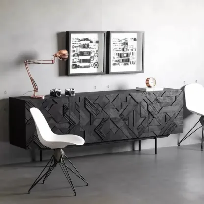 Modern Black Geometric Wooden Buffet Table with Cabinets Image - 10