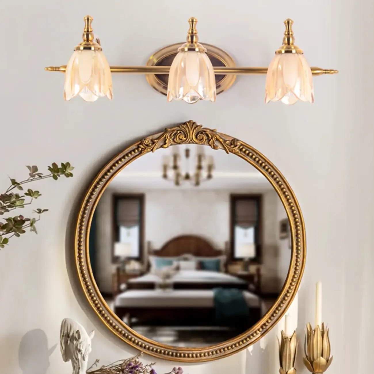 Contemporary Metal Vanity Light with Floral Glass Shade for Bedroom Decor Image - 1