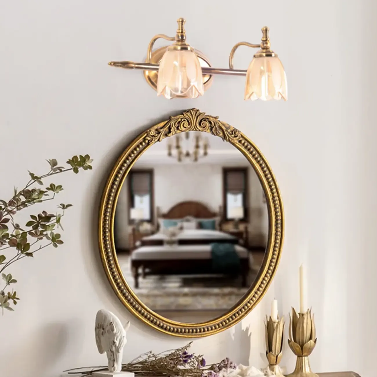 Contemporary Metal Vanity Light with Floral Glass Shade for Bedroom Decor Image - 3