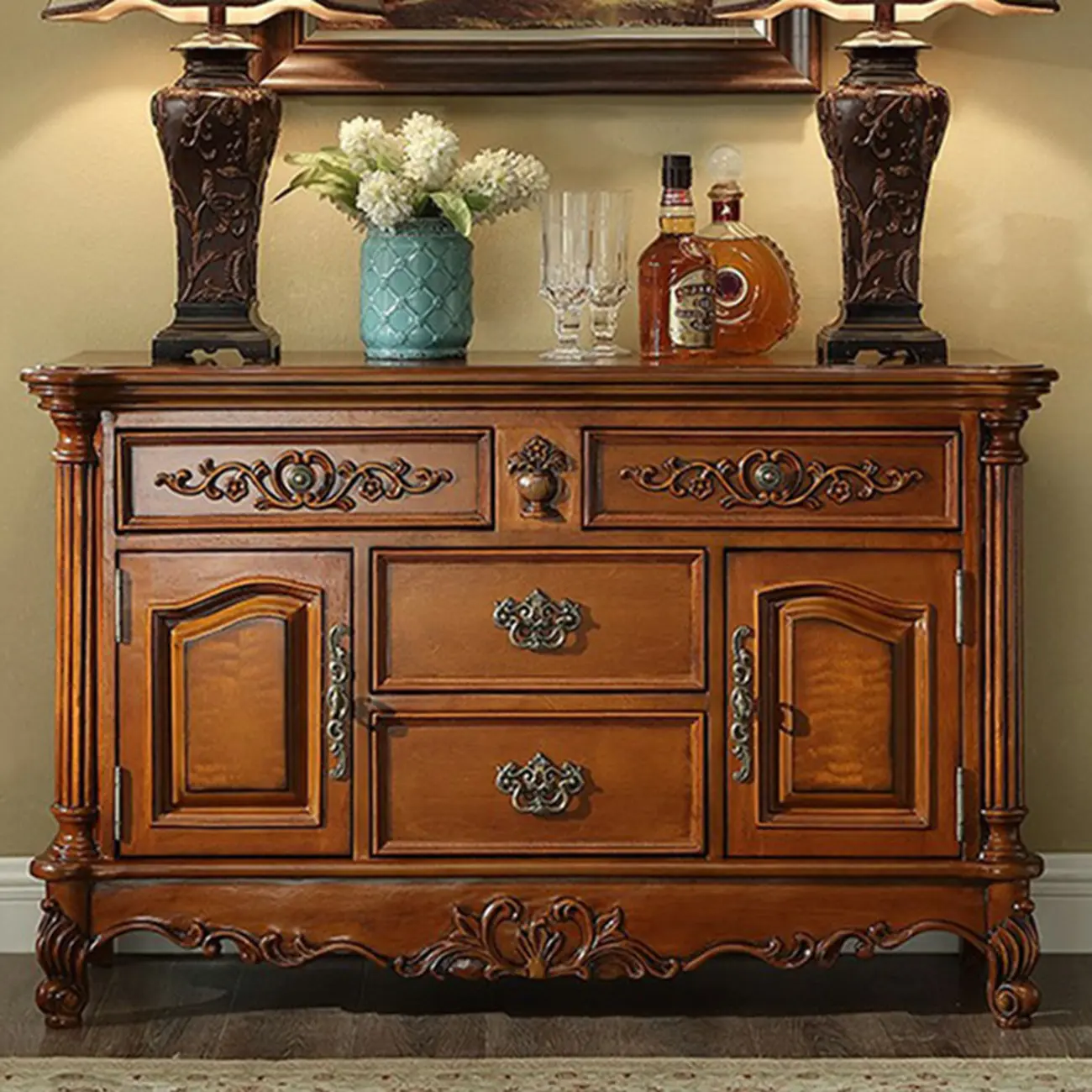 Traditional Brown Rubberwood Sideboard with Drawers Image - 1 | homeyfad