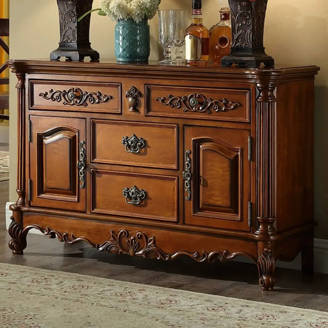 Traditional Brown Rubberwood Sideboard with Drawers Image - 2