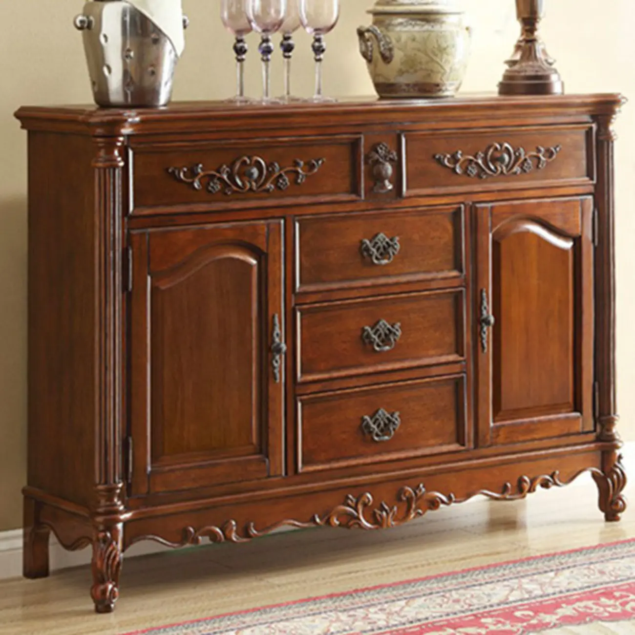 Traditional Brown Rubberwood Sideboard with Drawers Image - 3 | homeyfad