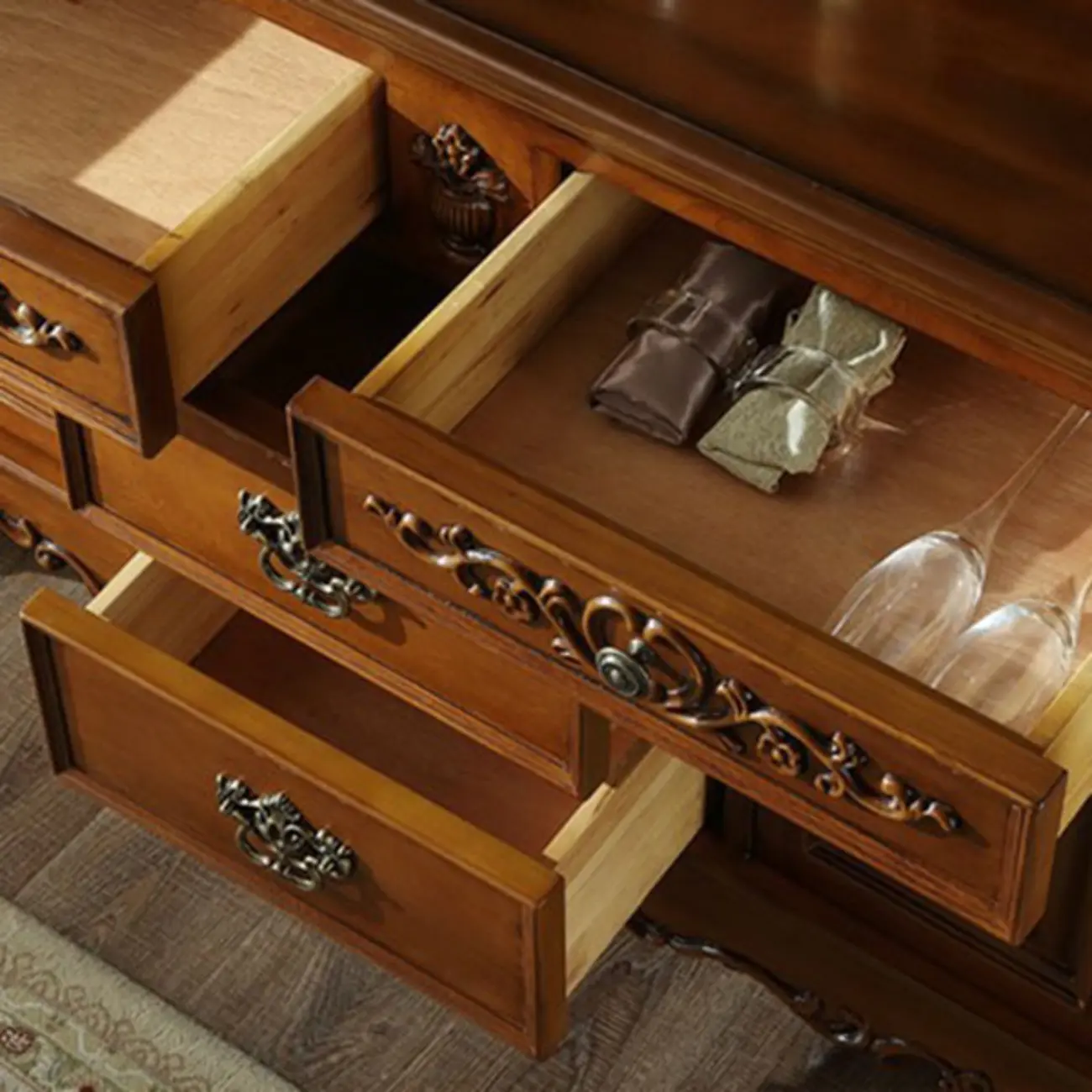 Traditional Brown Rubberwood Sideboard with Drawers Image - 7 | homeyfad