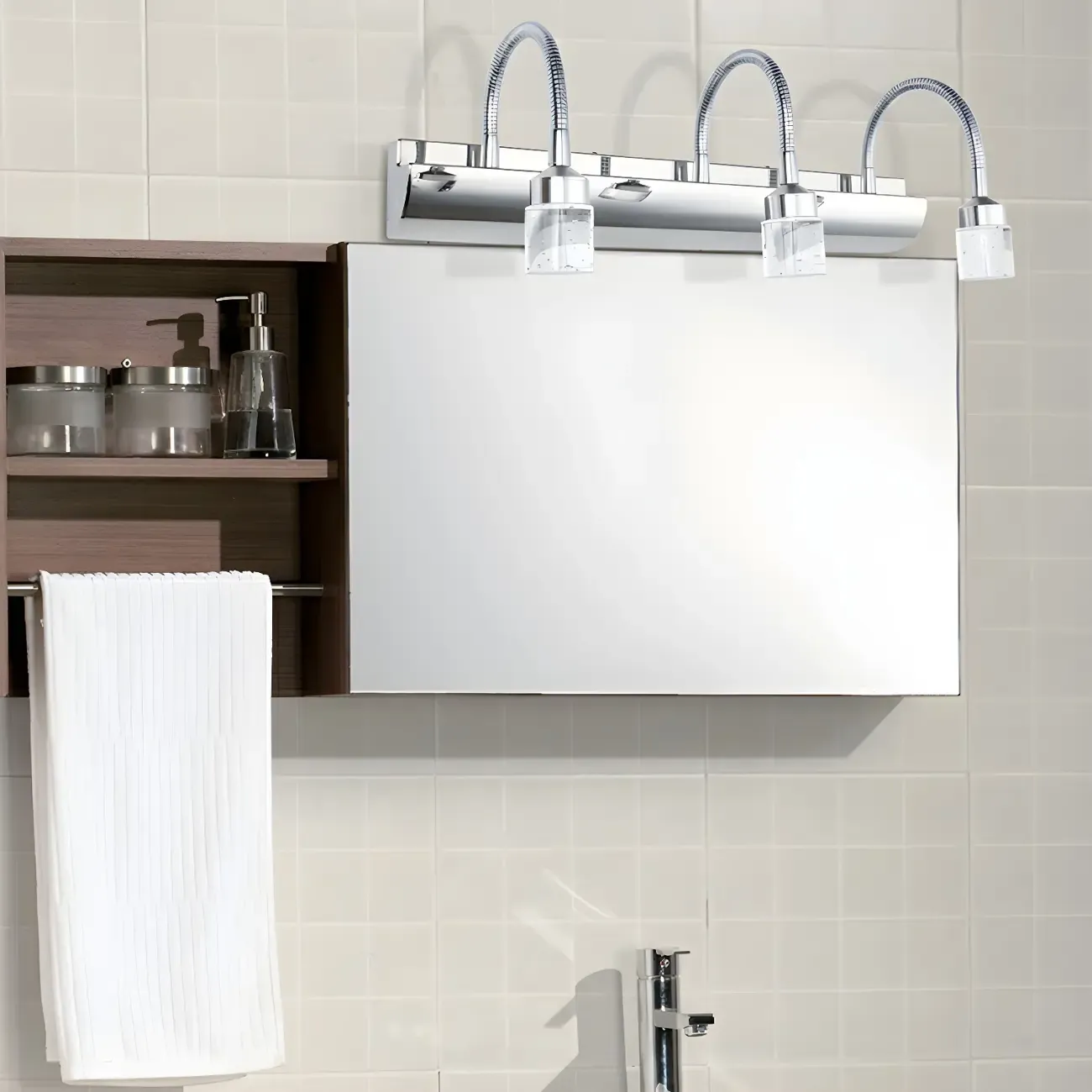 Modern Silver LED Vanity Light with Transparent Crystal for Bathroom Mirror Image - 3