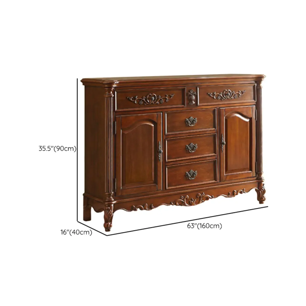 Traditional Brown Rubberwood Sideboard with Drawers Image - 14
