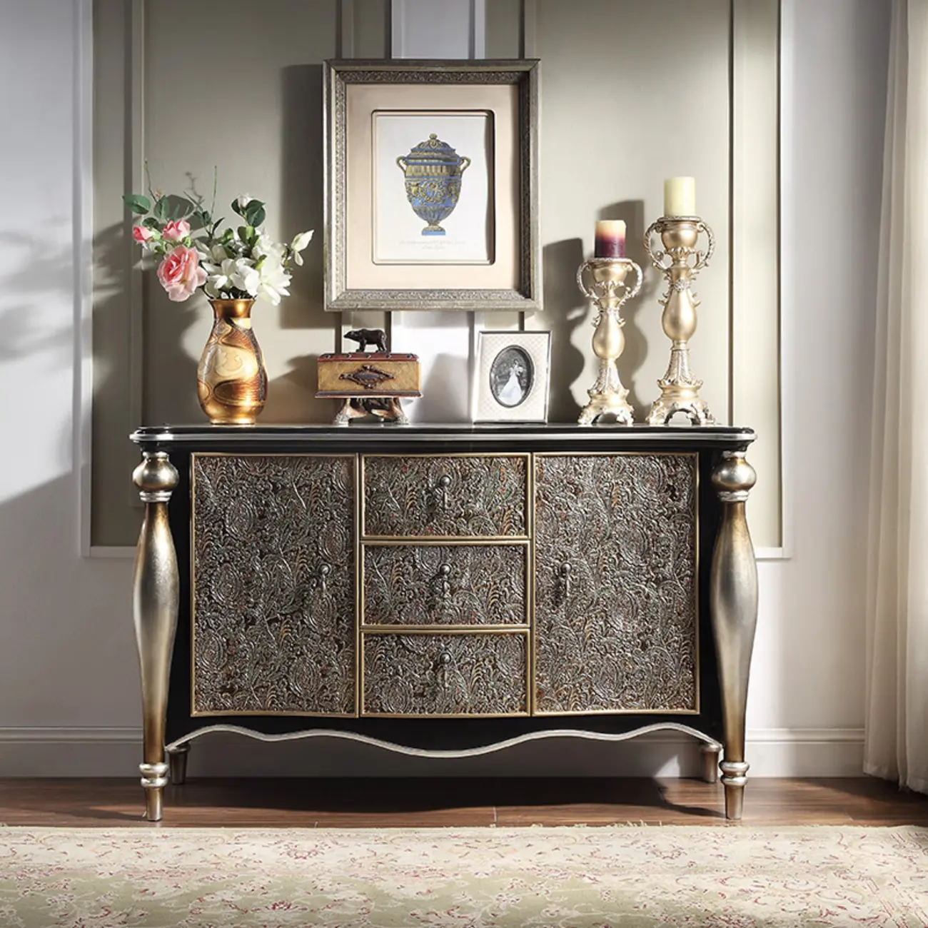 Vintage Gold Wooden Sideboard with Locking Drawer Image - 1 | homeyfad