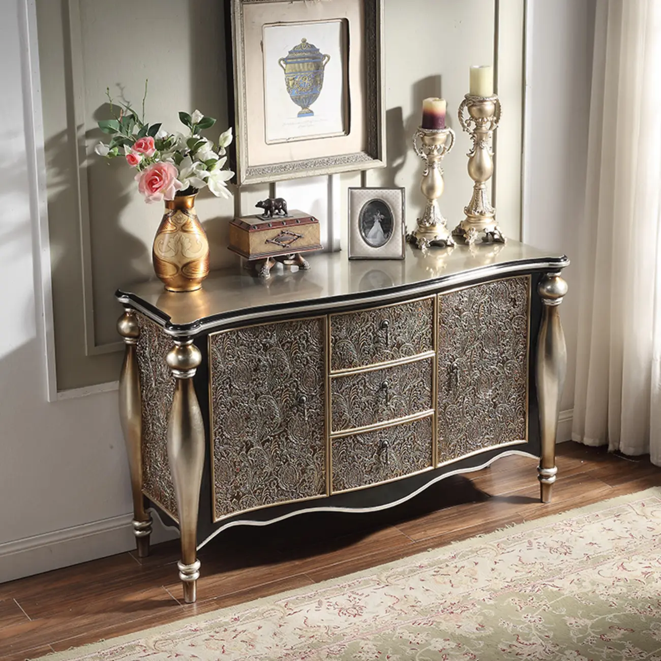 Vintage Gold Wooden Sideboard with Locking Drawer Image - 2 | homeyfad