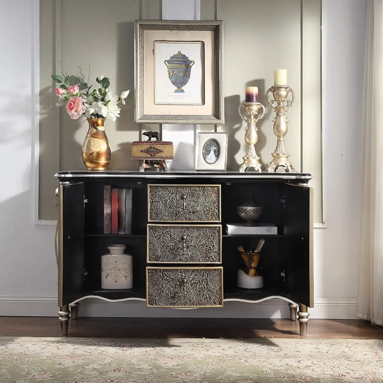 Vintage Gold Wooden Sideboard with Locking Drawer Image - 4