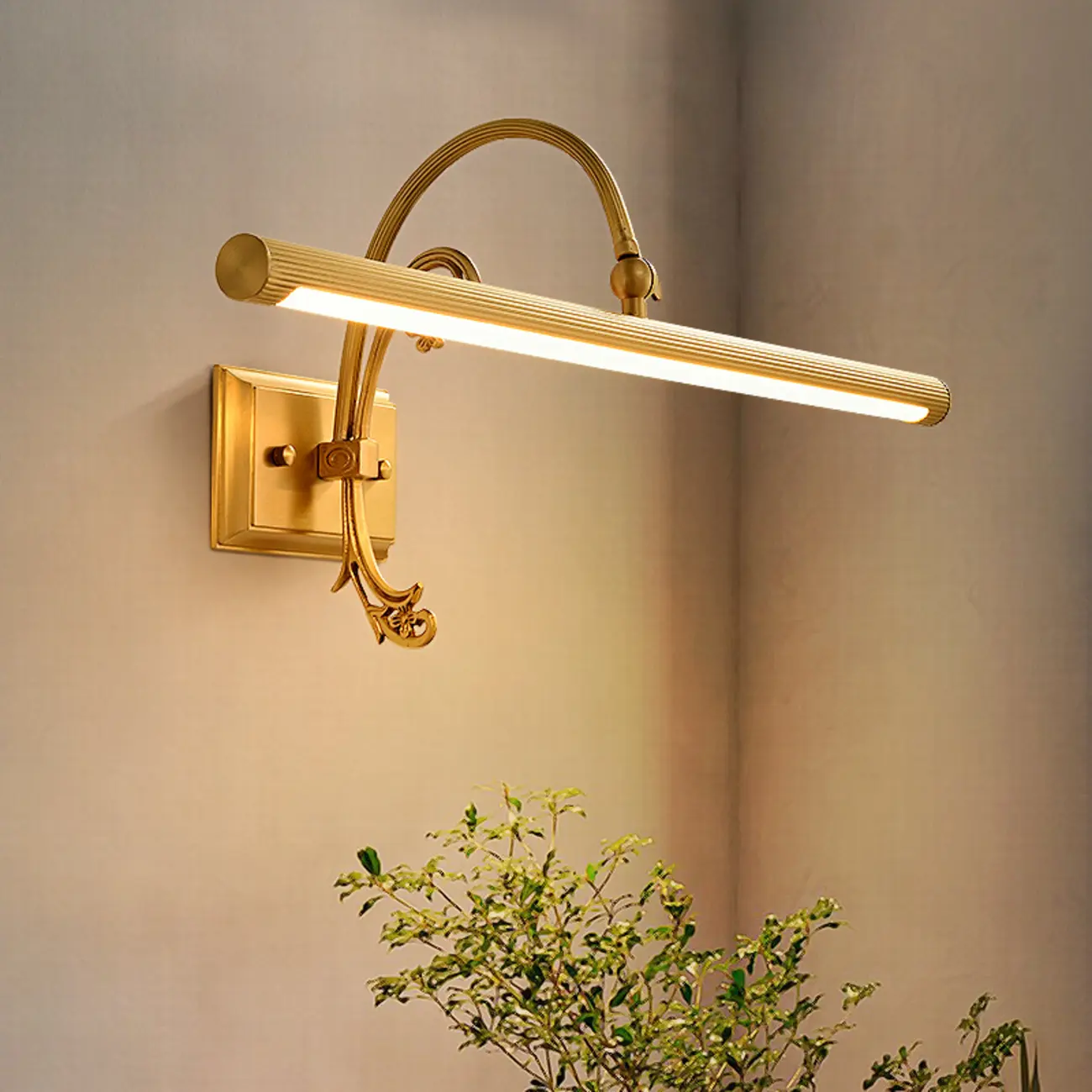 Retro Copper LED Linear Wall Lamp with Arced Arm for Home Decor Image - 1 | homeyfad