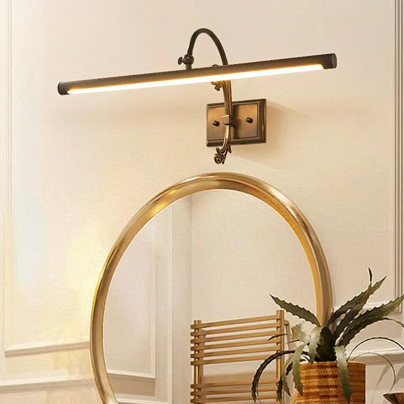 Retro Copper LED Linear Wall Lamp with Arced Arm for Home Decor Image - 2