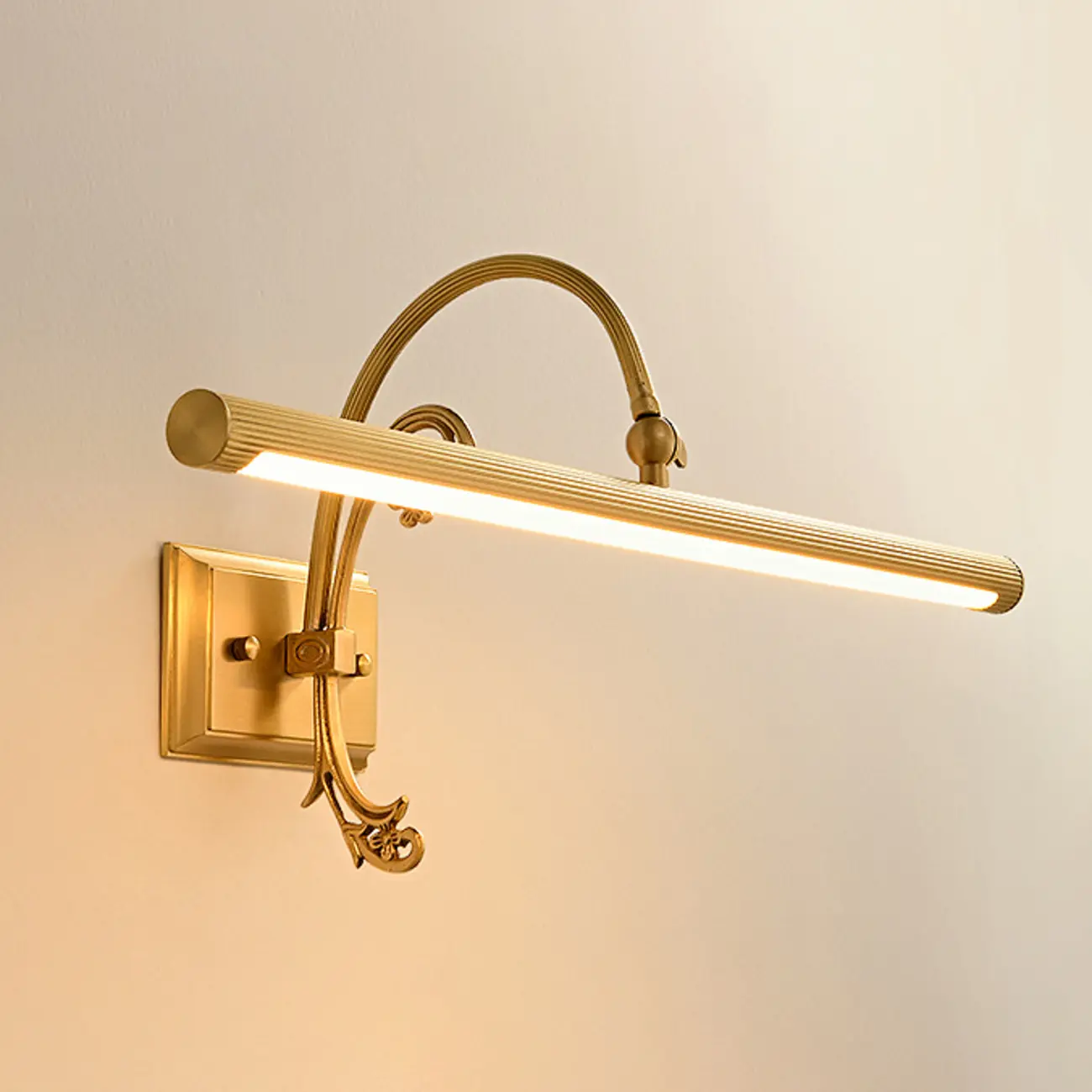 Retro Copper LED Linear Wall Lamp with Arced Arm for Home Decor Image - 9 | homeyfad