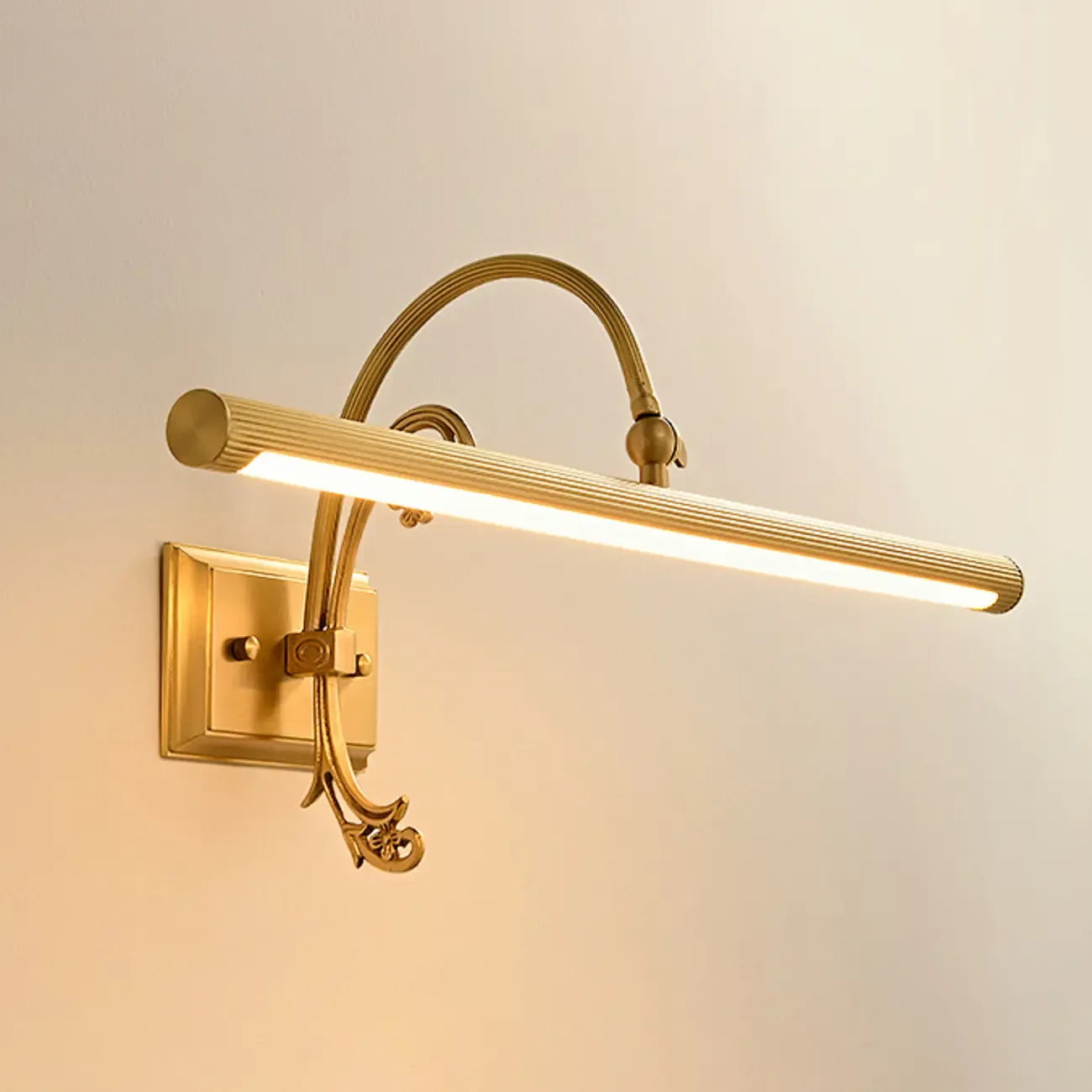 Retro Copper LED Linear Wall Lamp with Arced Arm for Home Decor Image - 9