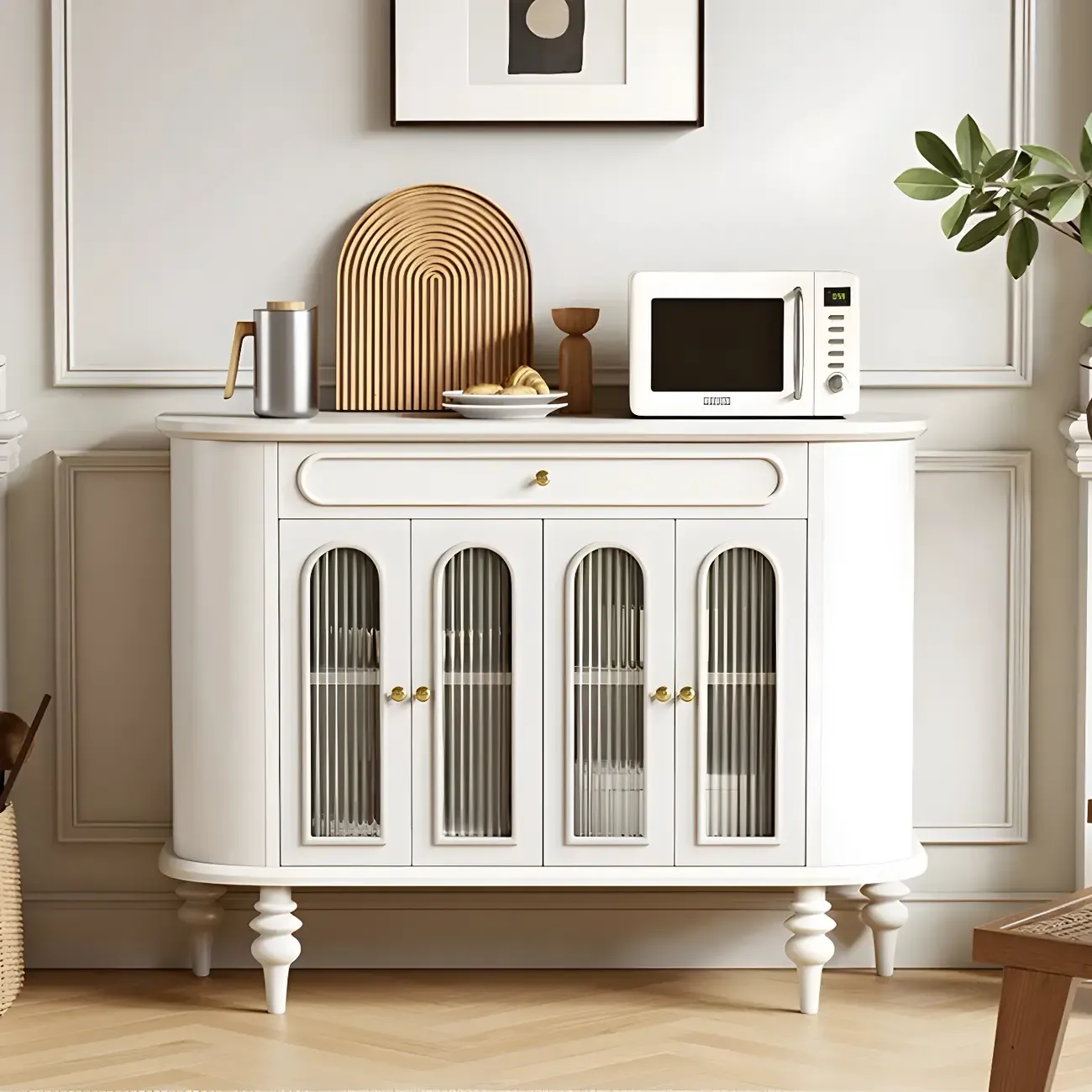 French Country Wooden Buffet Table with Cabinets Image - 1