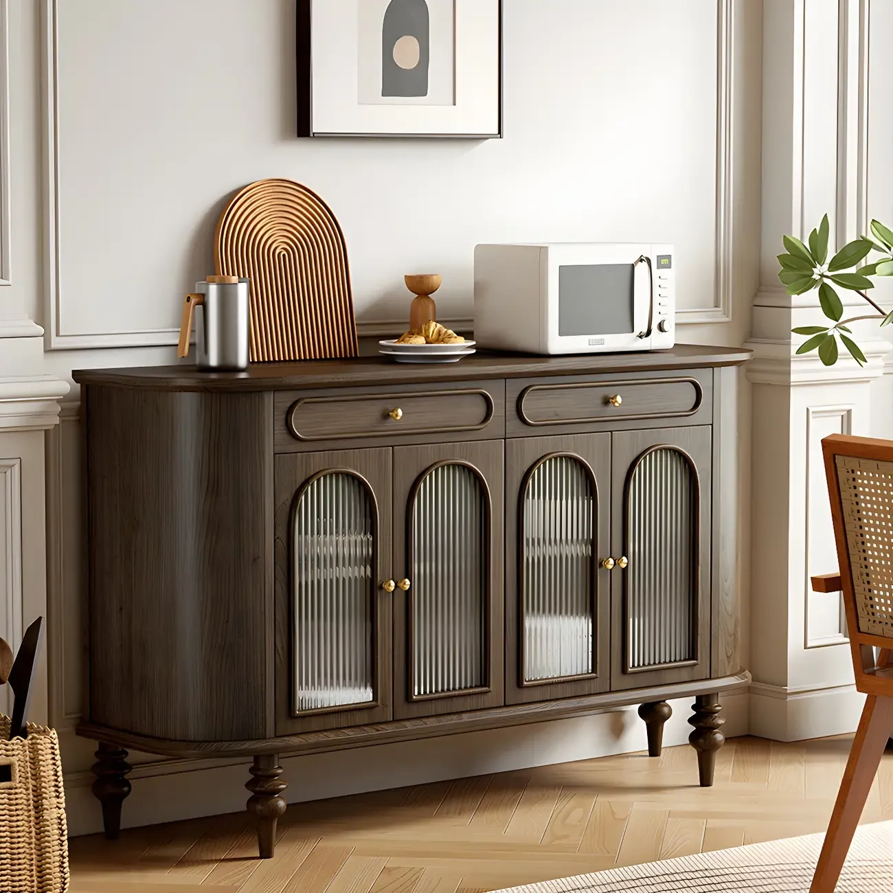 French Country Wooden Buffet Table with Cabinets Image - 4