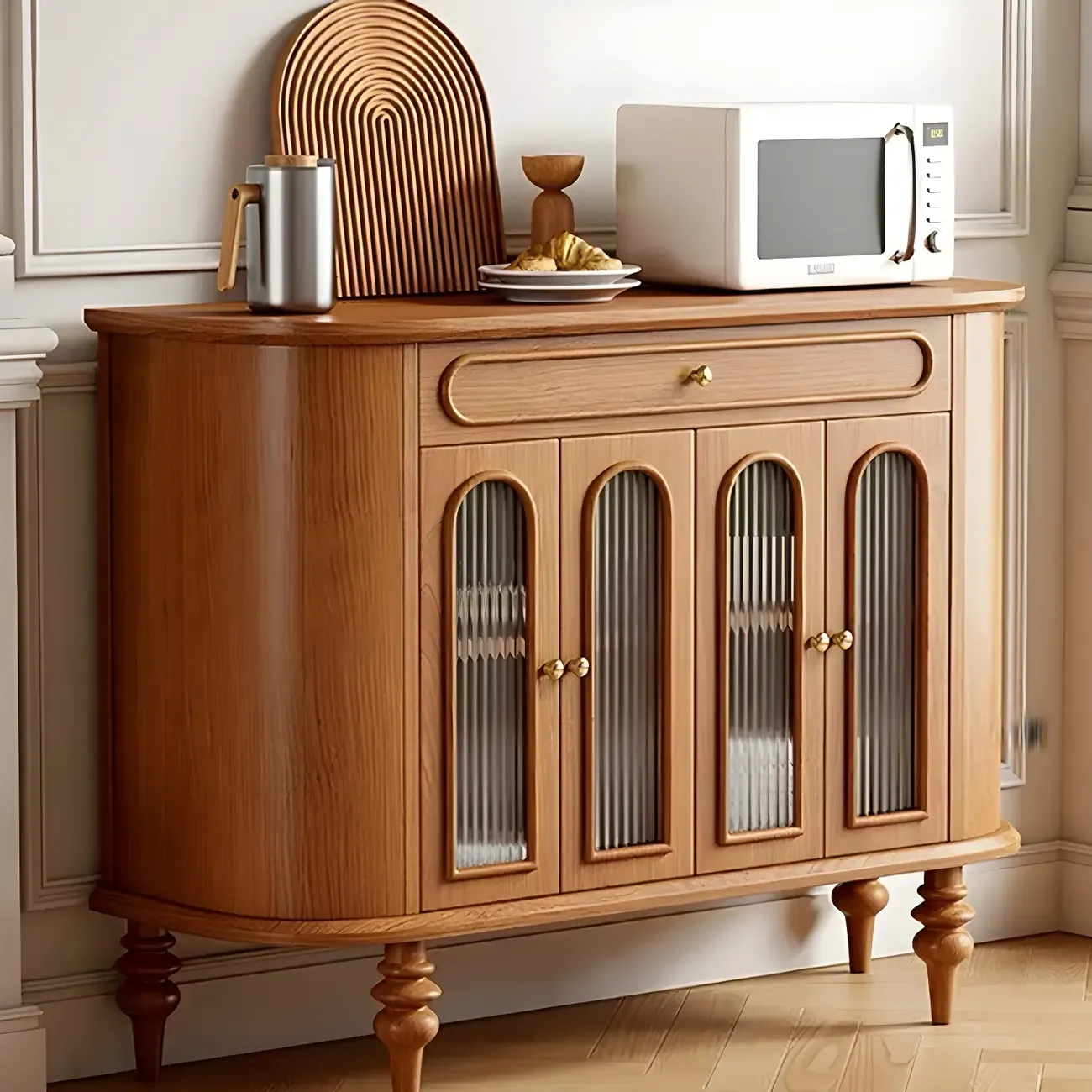 French Country Wooden Buffet Table with Cabinets Image - 6