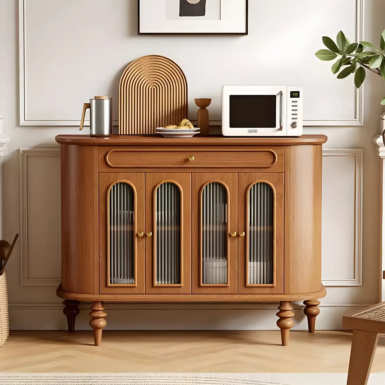 French Country Wooden Buffet Table with Cabinets Image - 8