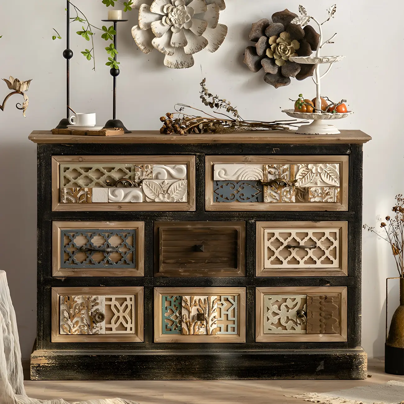 Rustic Wooden Sideboard with Decorative Drawers Image - 1 | homeyfad