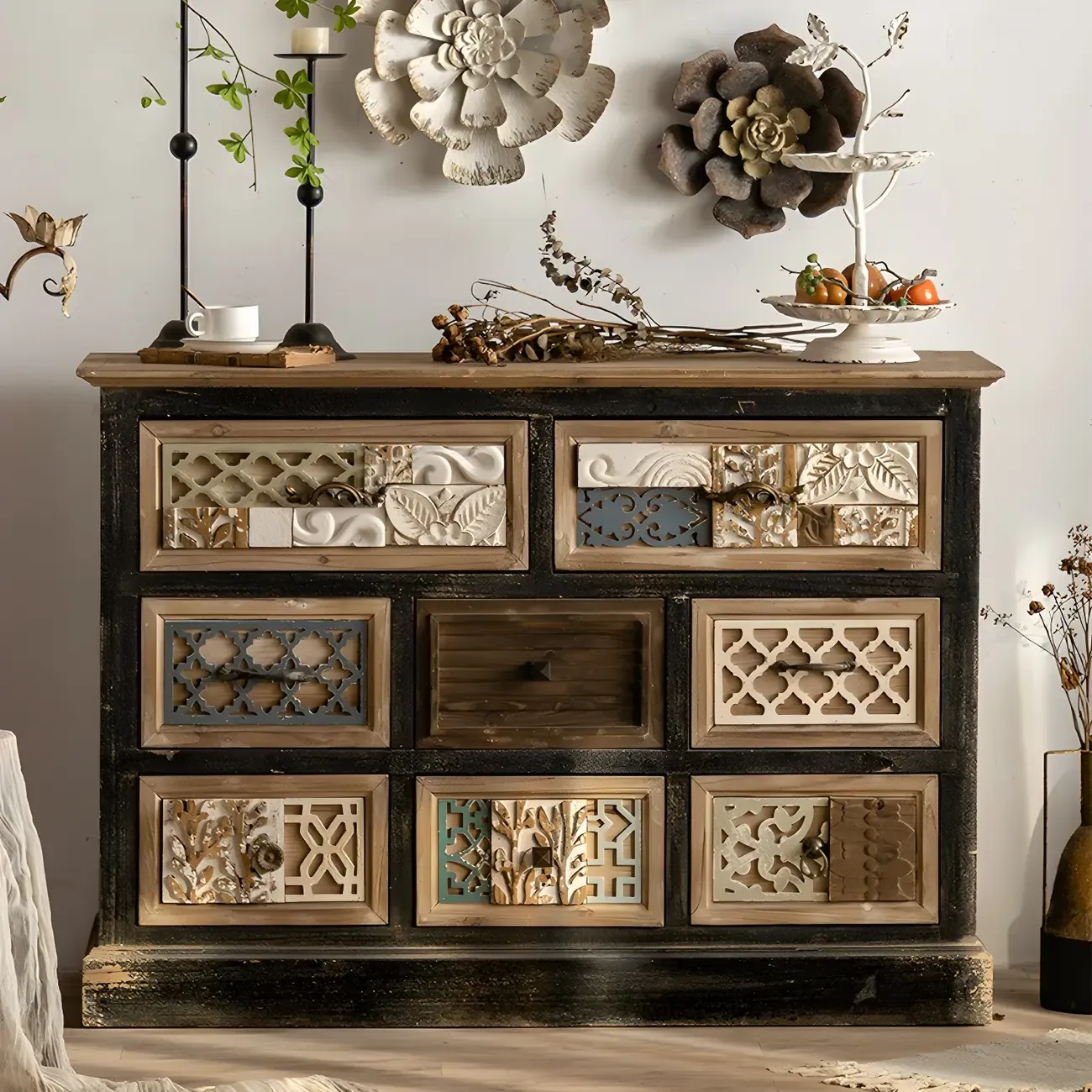 Rustic Wooden Sideboard with Decorative Drawers Image - 1