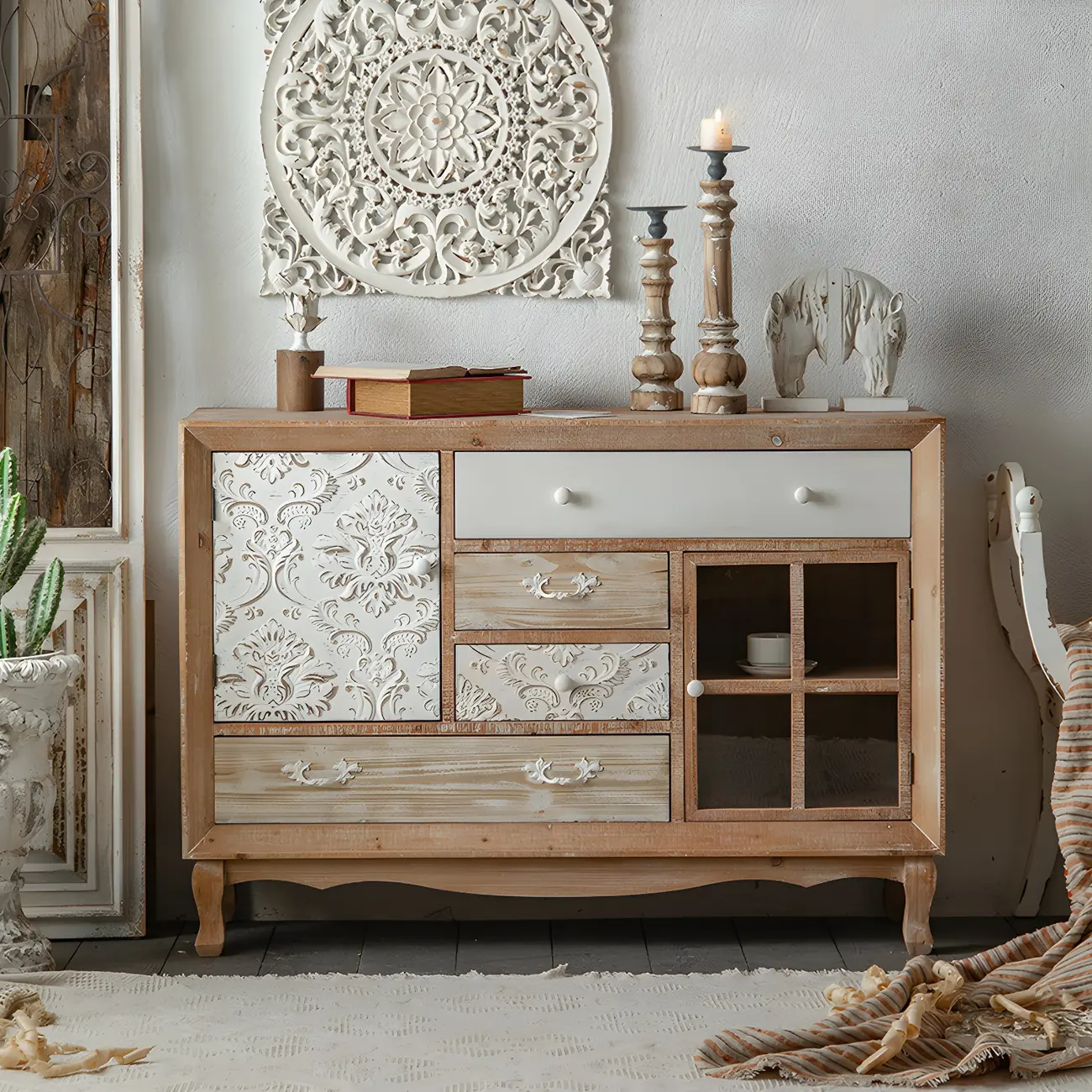 Rustic Wooden Sideboard with Decorative Drawers Image - 2 | homeyfad