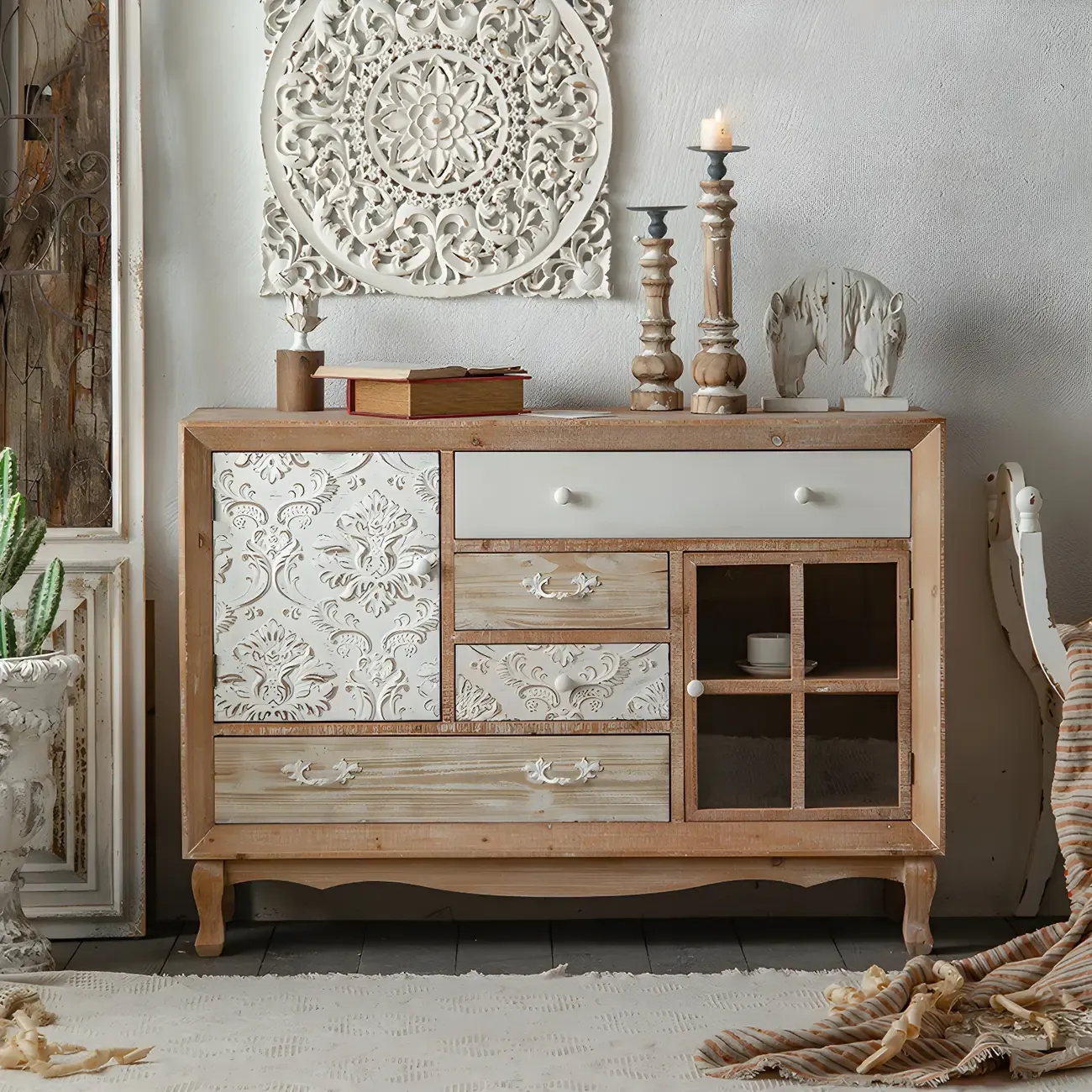 Farmhouse Rustic Wooden Sideboard with Decorative Drawers | HomeyFad