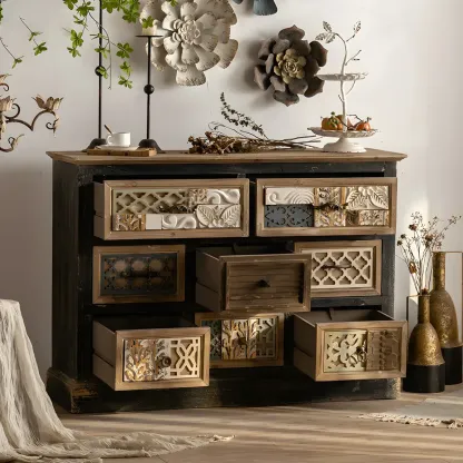 Rustic Wooden Sideboard with Decorative Drawers Image - 3