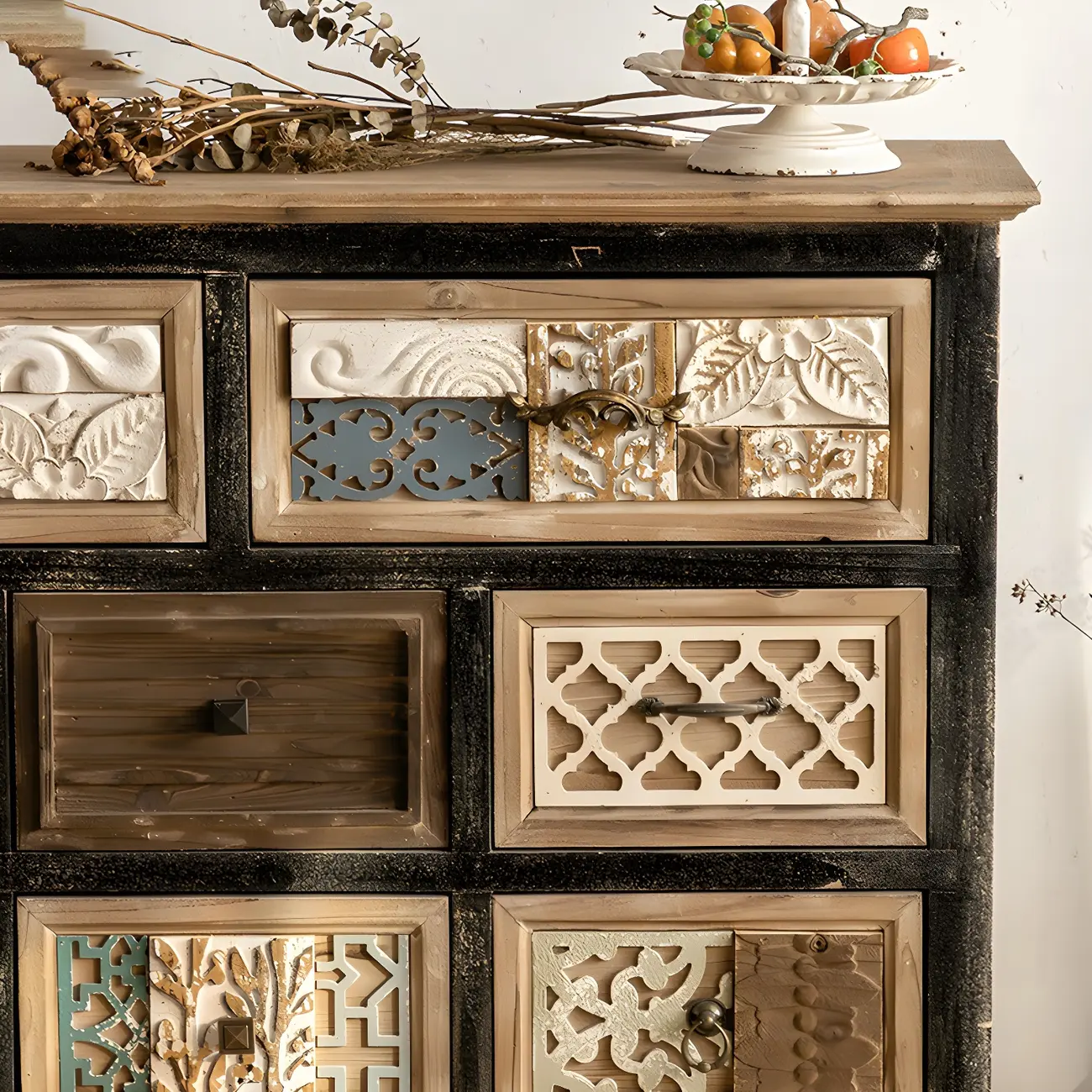 Rustic Wooden Sideboard with Decorative Drawers Image - 5 | homeyfad