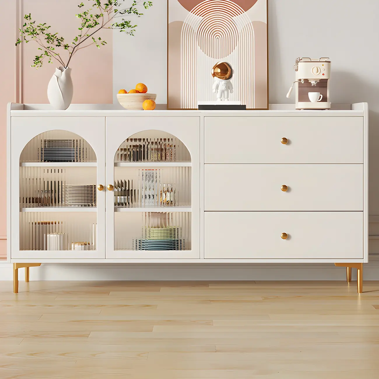 Glam White Wooden Buffet Table with Drawers & Shelves Image - 1 | homeyfad