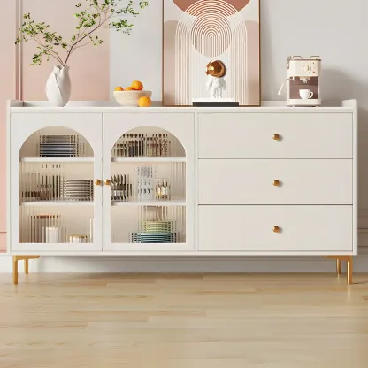 Glam White Wooden Buffet Table with Drawers & Shelves Image - 1