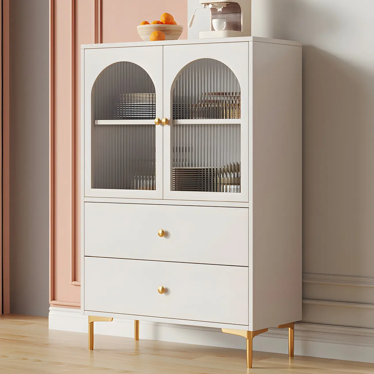Glam White Wooden Buffet Table with Drawers & Shelves Image - 2 | homeyfad
