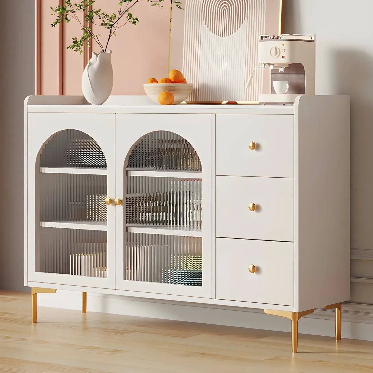 Glam White Wooden Buffet Table with Drawers & Shelves Image - 3