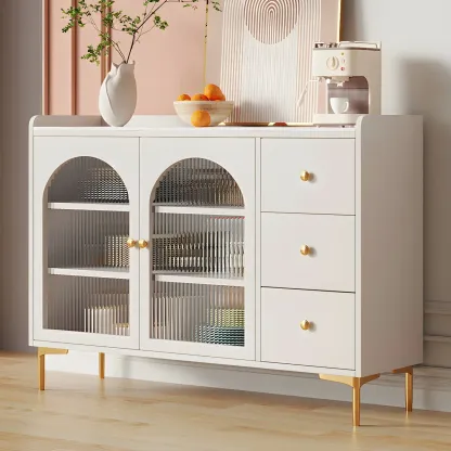 Glam White Wooden Buffet Table with Drawers & Shelves Image - 3