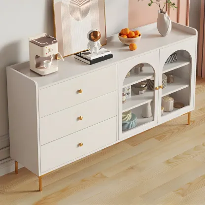 Glam White Wooden Buffet Table with Drawers & Shelves Image - 4