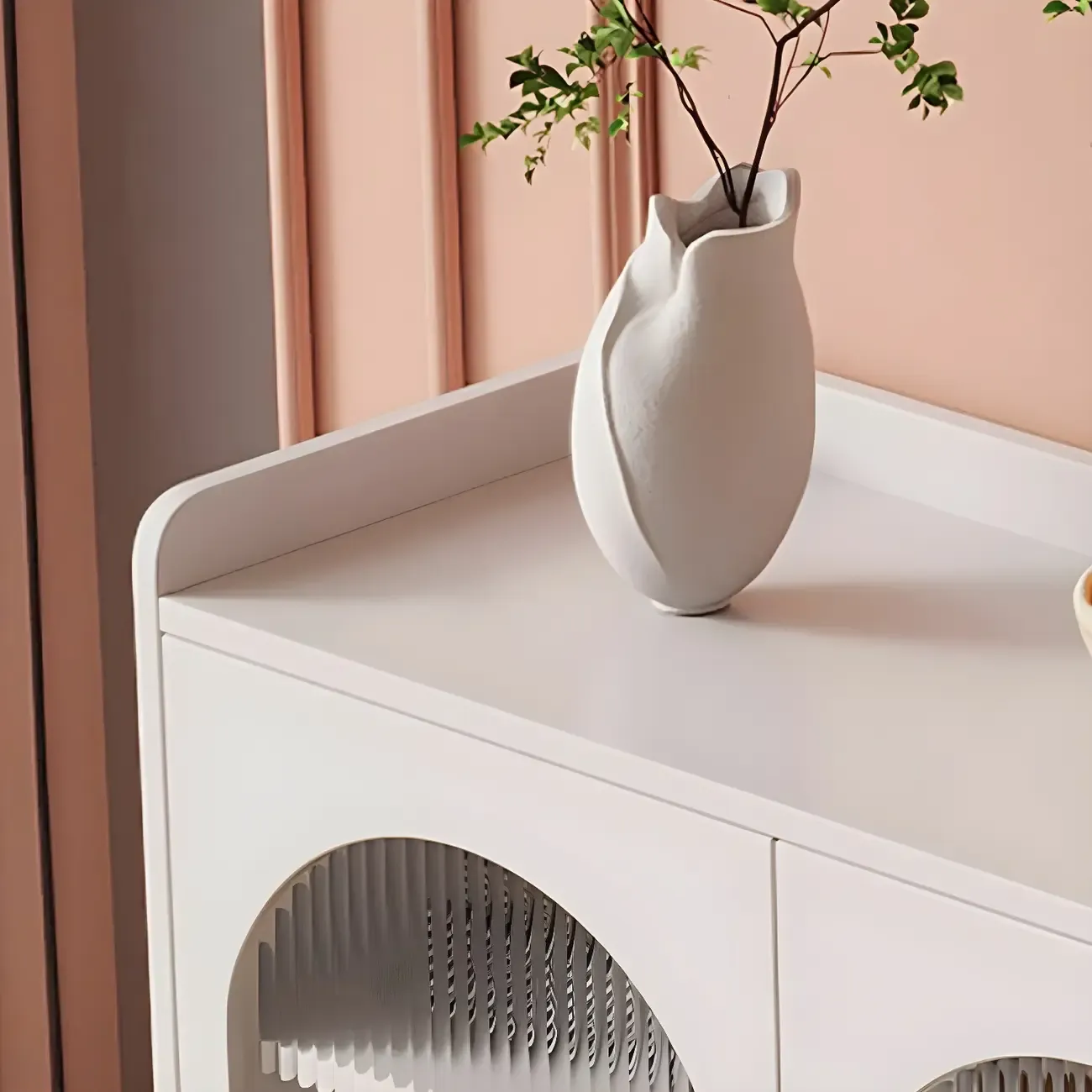 Glam White Wooden Buffet Table with Drawers & Shelves Image - 8