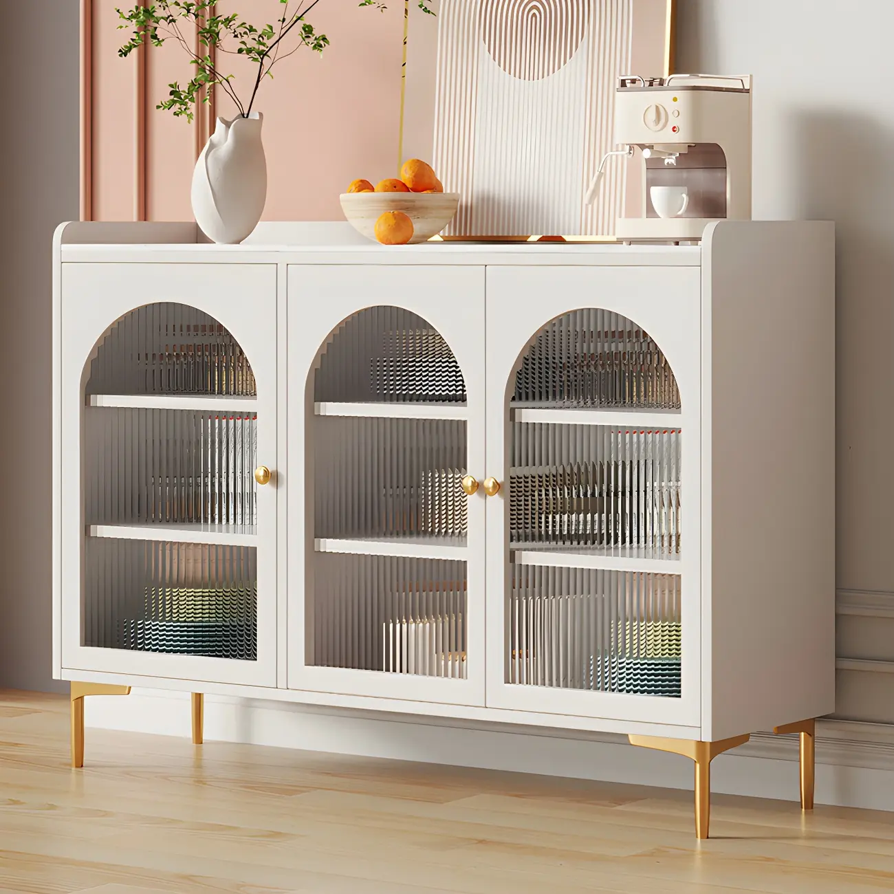 Glam White Wooden Buffet Table with Drawers & Shelves Image - 9 | homeyfad