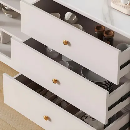 Glam White Wooden Buffet Table with Drawers & Shelves Image - 12