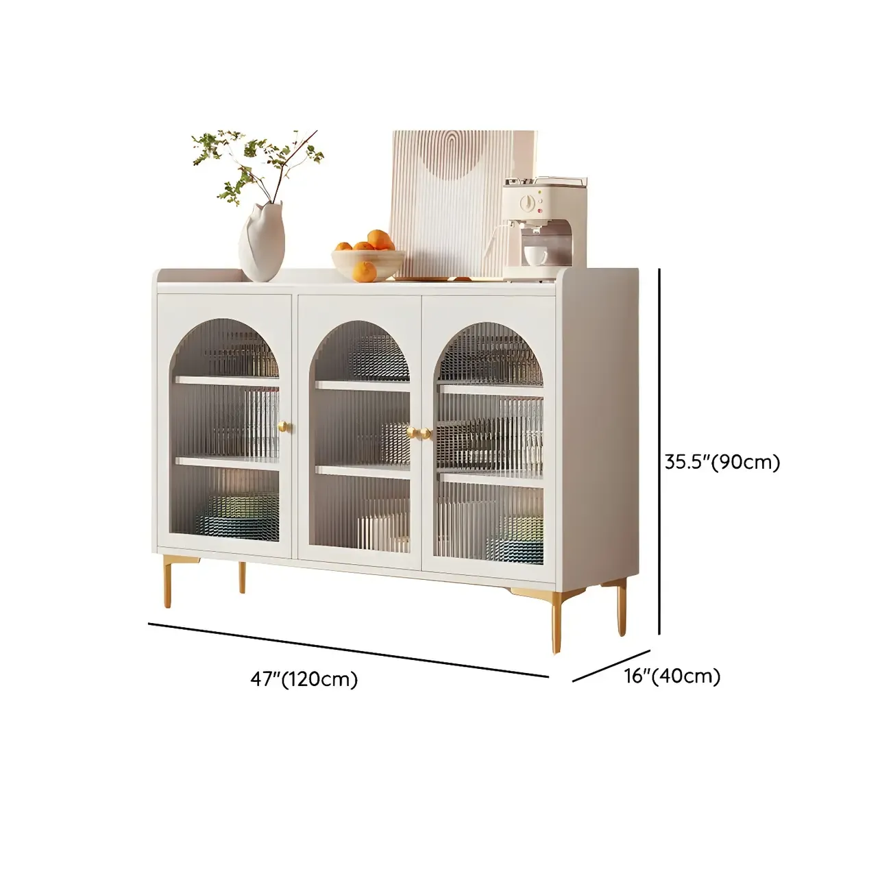 Glam White Wooden Buffet Table with Drawers & Shelves Image - 18