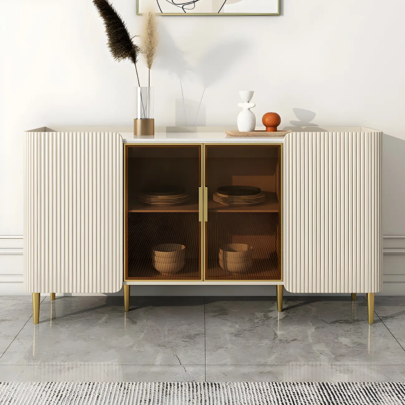 Glam Off-White Stone Countertop Sideboard with Shelves Image - 1 | homeyfad