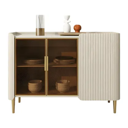Glam Off-White Stone Countertop Sideboard with Shelves Image - 2