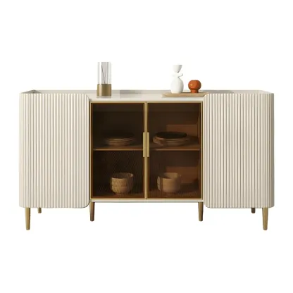 Glam Off-White Stone Countertop Sideboard with Shelves Image - 3