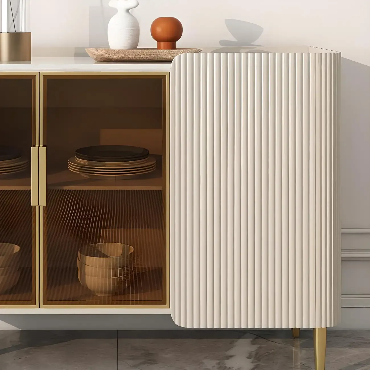 Glam Off-White Stone Countertop Sideboard with Shelves Image - 4