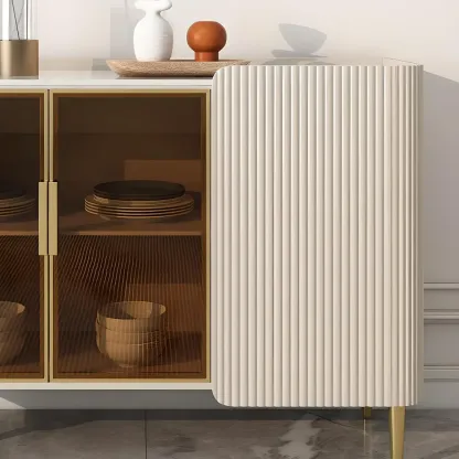 Glam Off-White Stone Countertop Sideboard with Shelves Image - 4