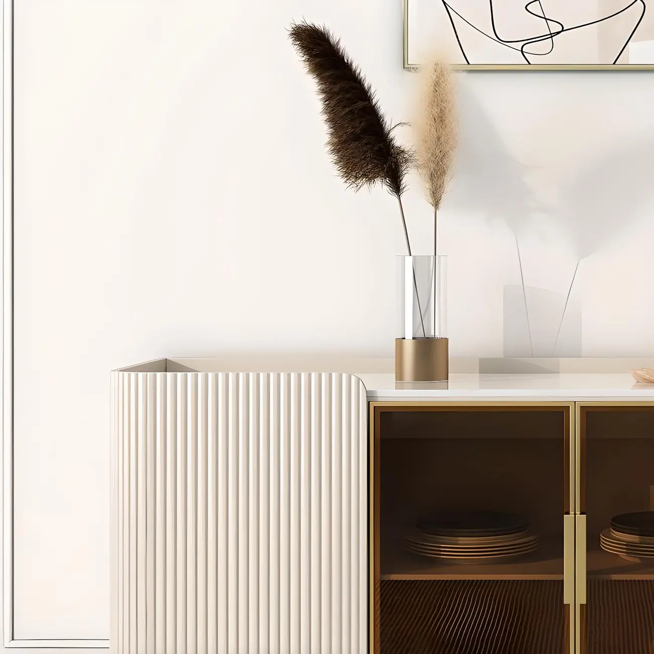 Glam Off-White Stone Countertop Sideboard with Shelves Image - 5 | homeyfad