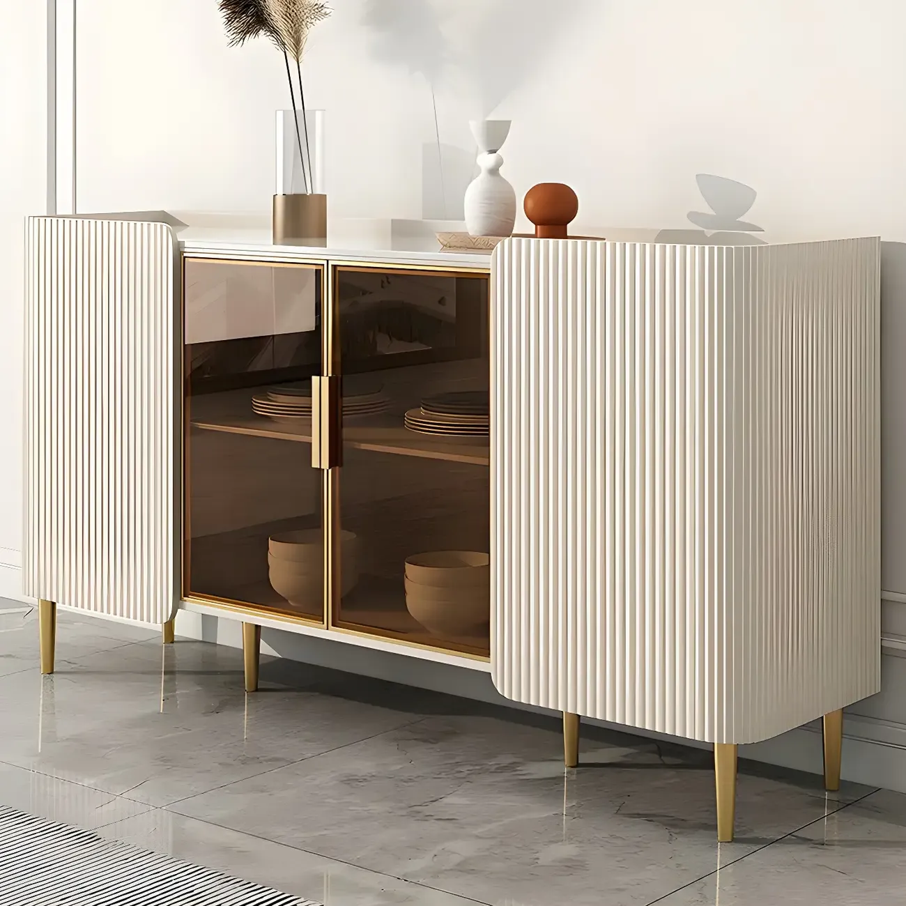 Glam Off-White Stone Countertop Sideboard with Shelves Image - 7