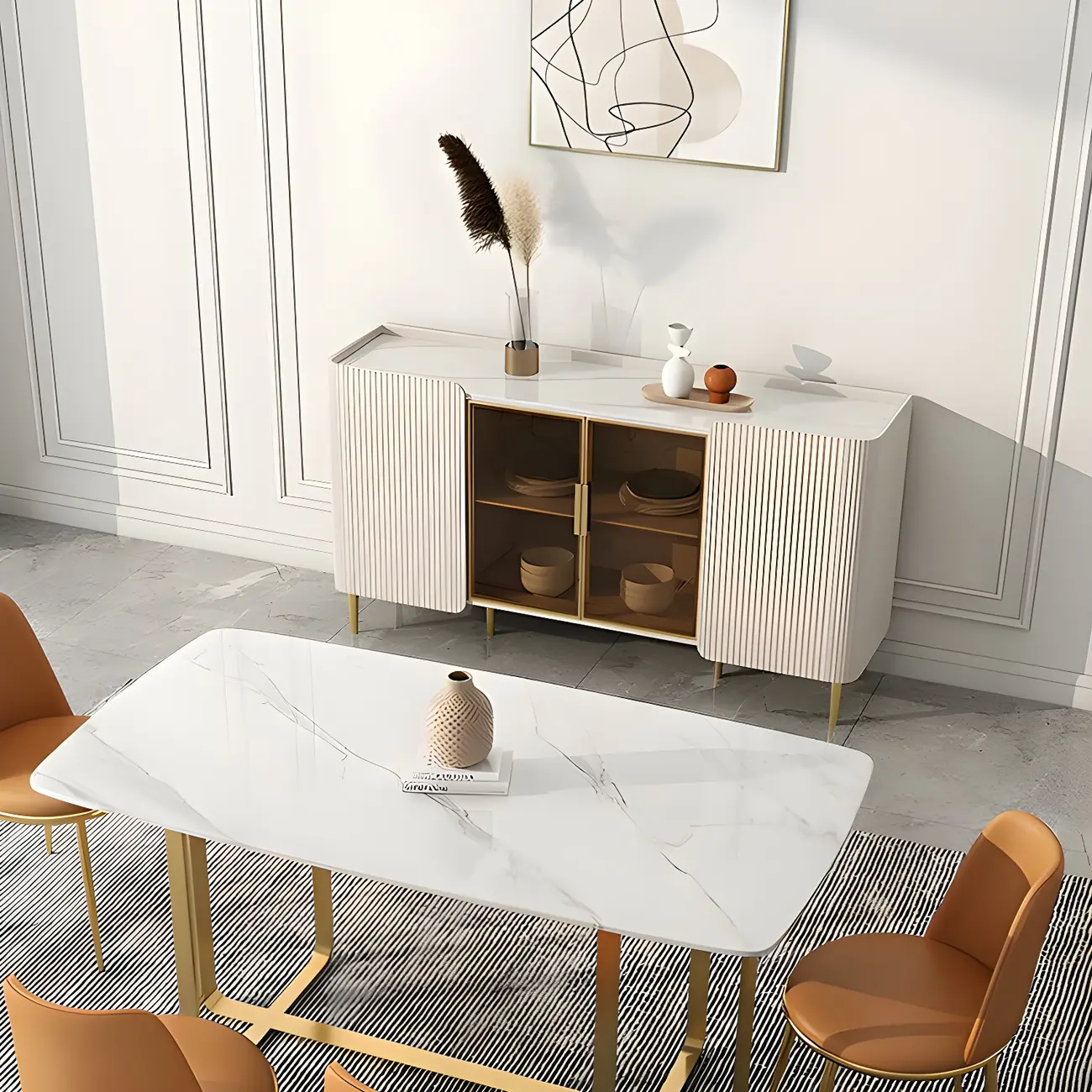 Glam Off-White Stone Countertop Sideboard with Shelves Image - 8 | homeyfad