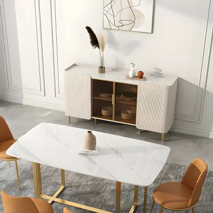 Glam Off-White Stone Countertop Sideboard with Shelves Image - 8