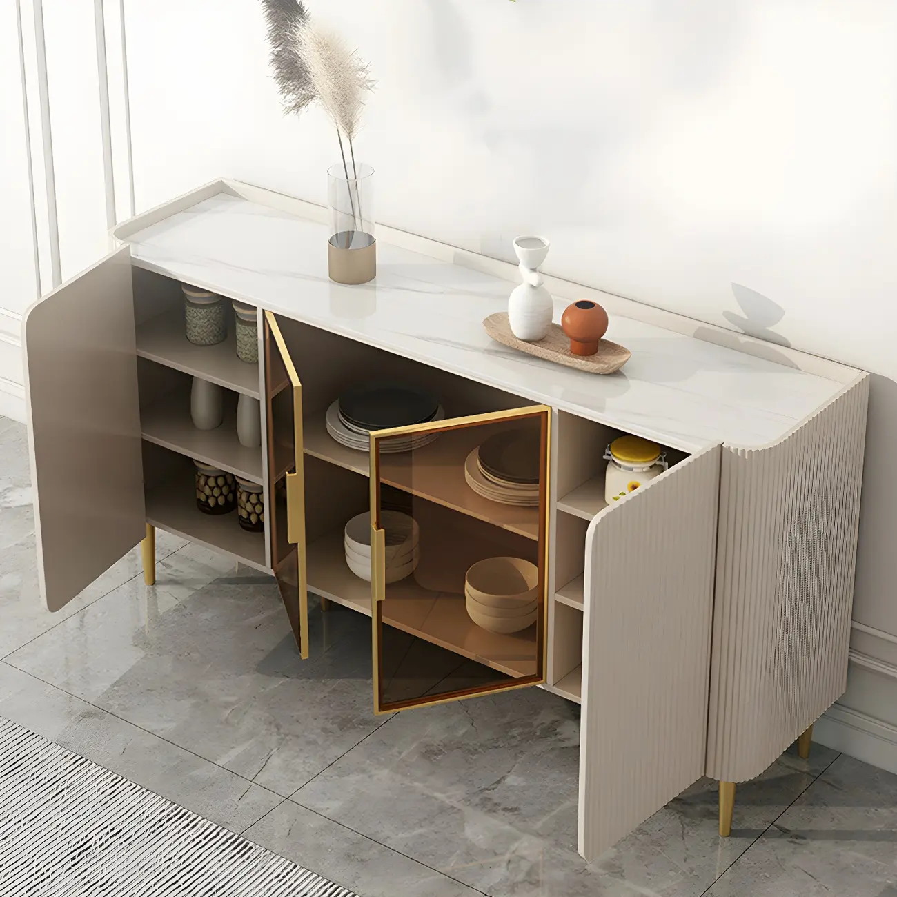 Glam Off-White Stone Countertop Sideboard with Shelves Image - 9 | homeyfad