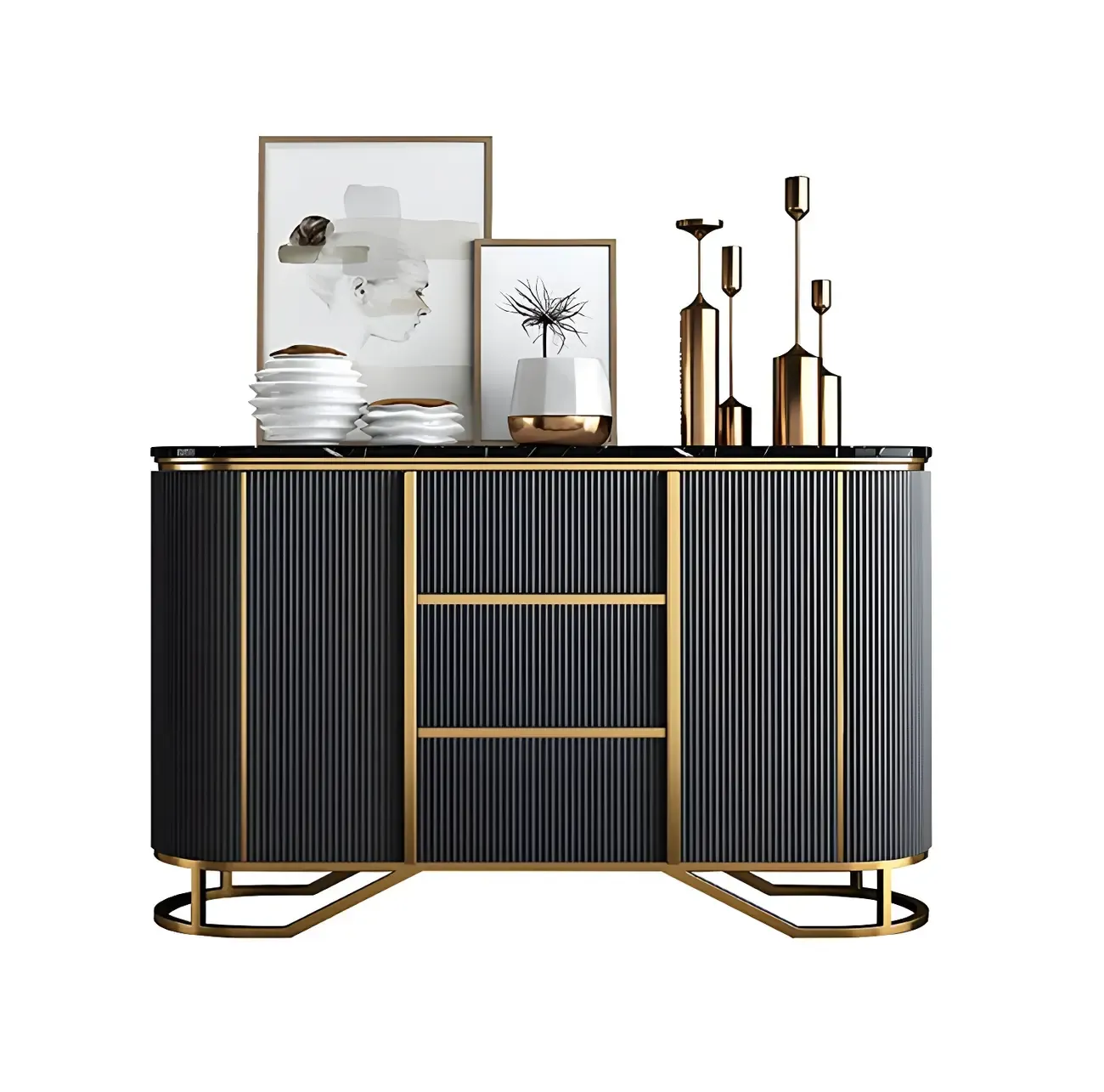 Luxury Curved Wooden Buffet Table with Drawers in Dark Gray Image - 4