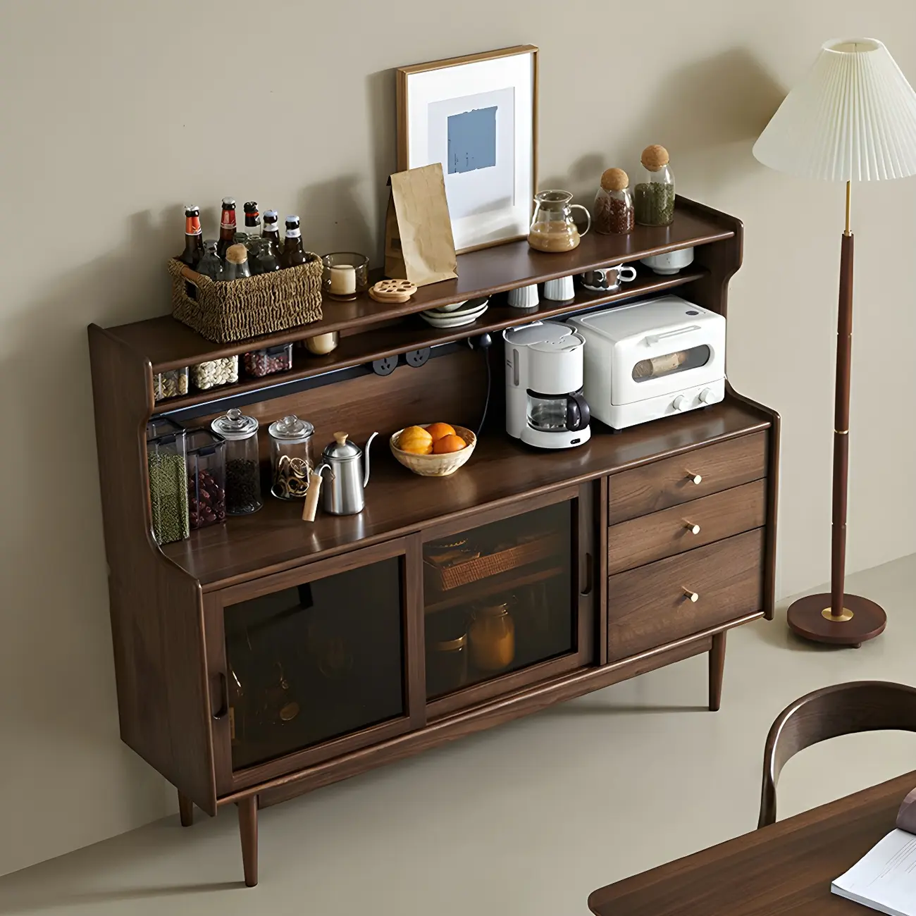 Wooden Sideboard with Glass Sliding Doors, Drawers & Cabinets Image - 4 | homeyfad