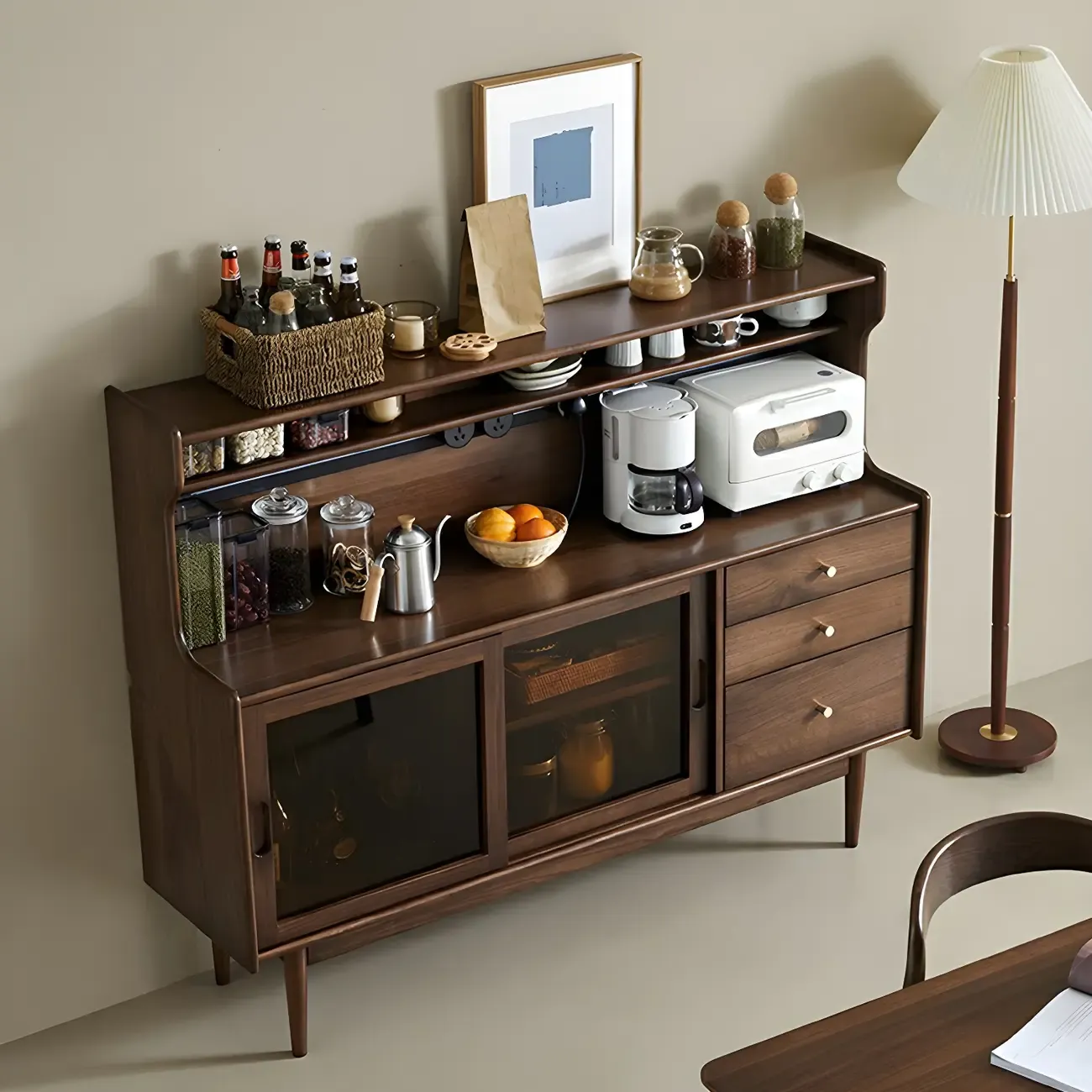 Wooden Sideboard with Glass Sliding Doors, Drawers & Cabinets Image - 4